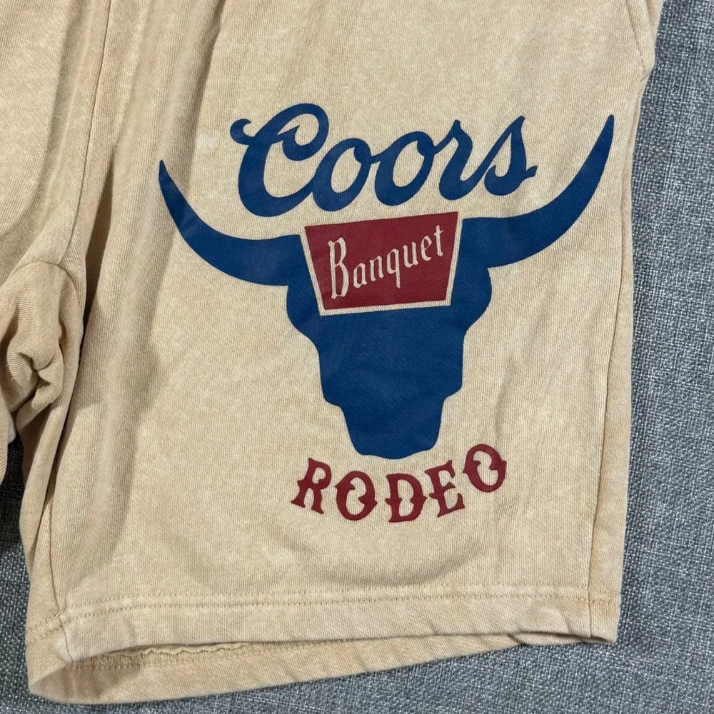 Coors Banquet Rodeo Graphic Sweat Shorts Men Small Tan Western Cowboy Americana